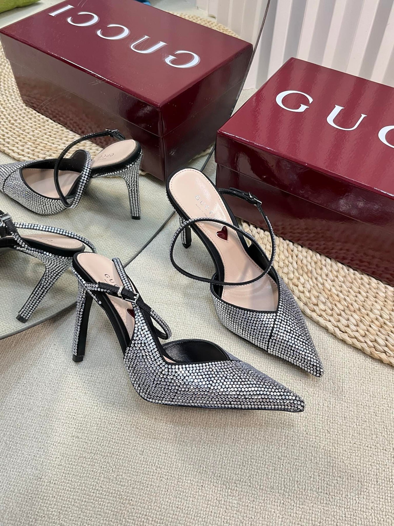 HIGH SLINGBACK 10 CM IN BLACK SILK WITH FULL RHINSTONES