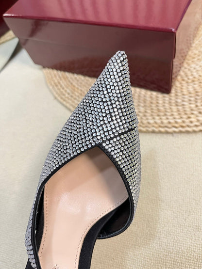 HIGH SLINGBACK 10 CM IN BLACK SILK WITH FULL RHINSTONES