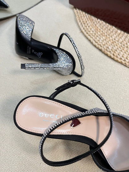 HIGH SLINGBACK 10 CM IN BLACK SILK WITH FULL RHINSTONES