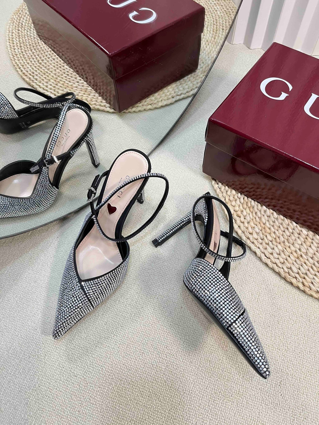 HIGH SLINGBACK 10 CM IN BLACK SILK WITH FULL RHINSTONES