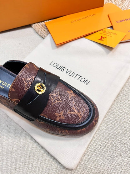 LV CAPRI OPEN BACK LOAFERS IN CHESTNUT BROWN MONOGRAM CALFSKIN