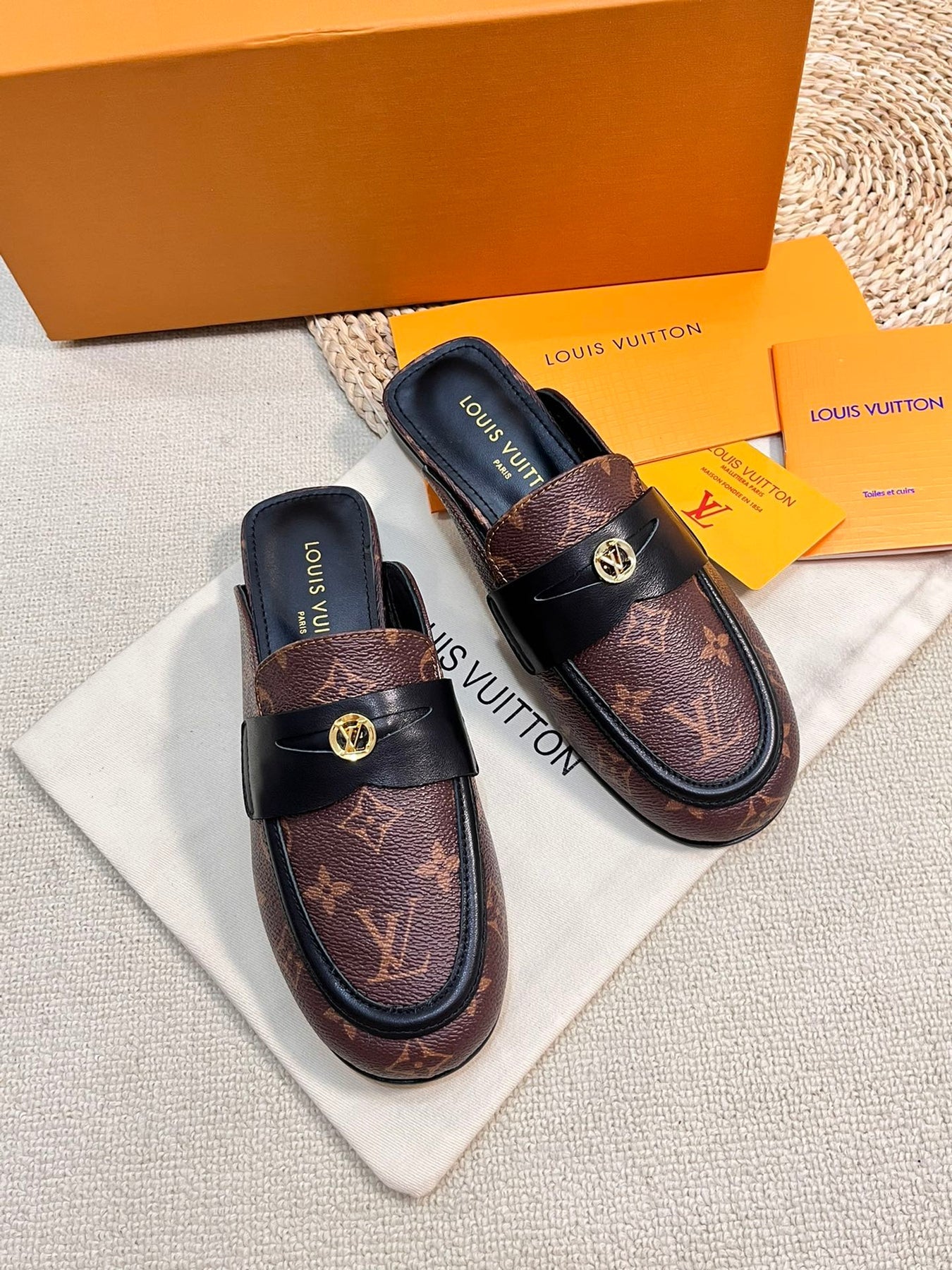 LV CAPRI OPEN BACK LOAFERS IN CHESTNUT BROWN MONOGRAM CALFSKIN