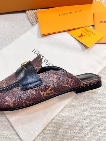 LV CAPRI OPEN BACK LOAFERS IN CHESTNUT BROWN MONOGRAM CALFSKIN