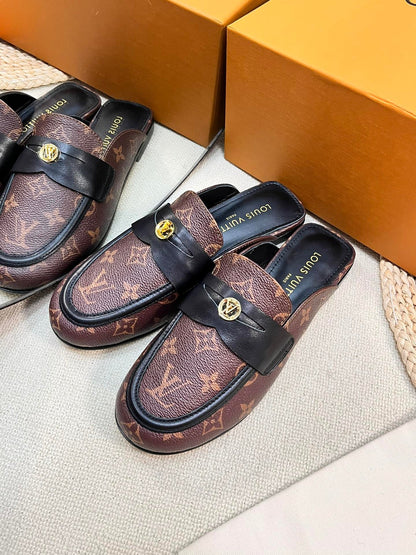 LV CAPRI OPEN BACK LOAFERS IN CHESTNUT BROWN MONOGRAM CALFSKIN