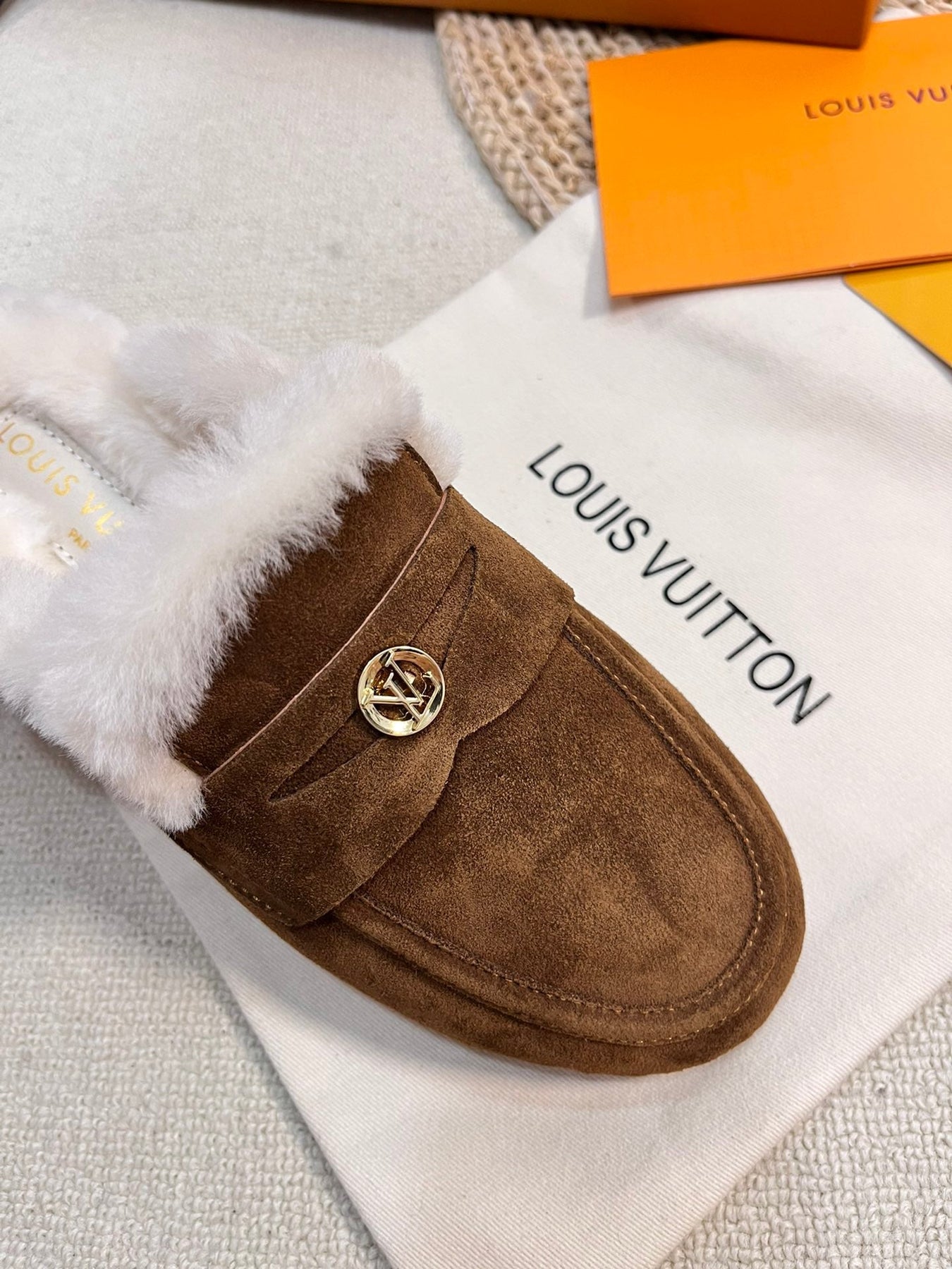 LV COSY FLAT COMFORT CLOG IN RUSSET BROWN SUEDE AND SHEARLING LINING