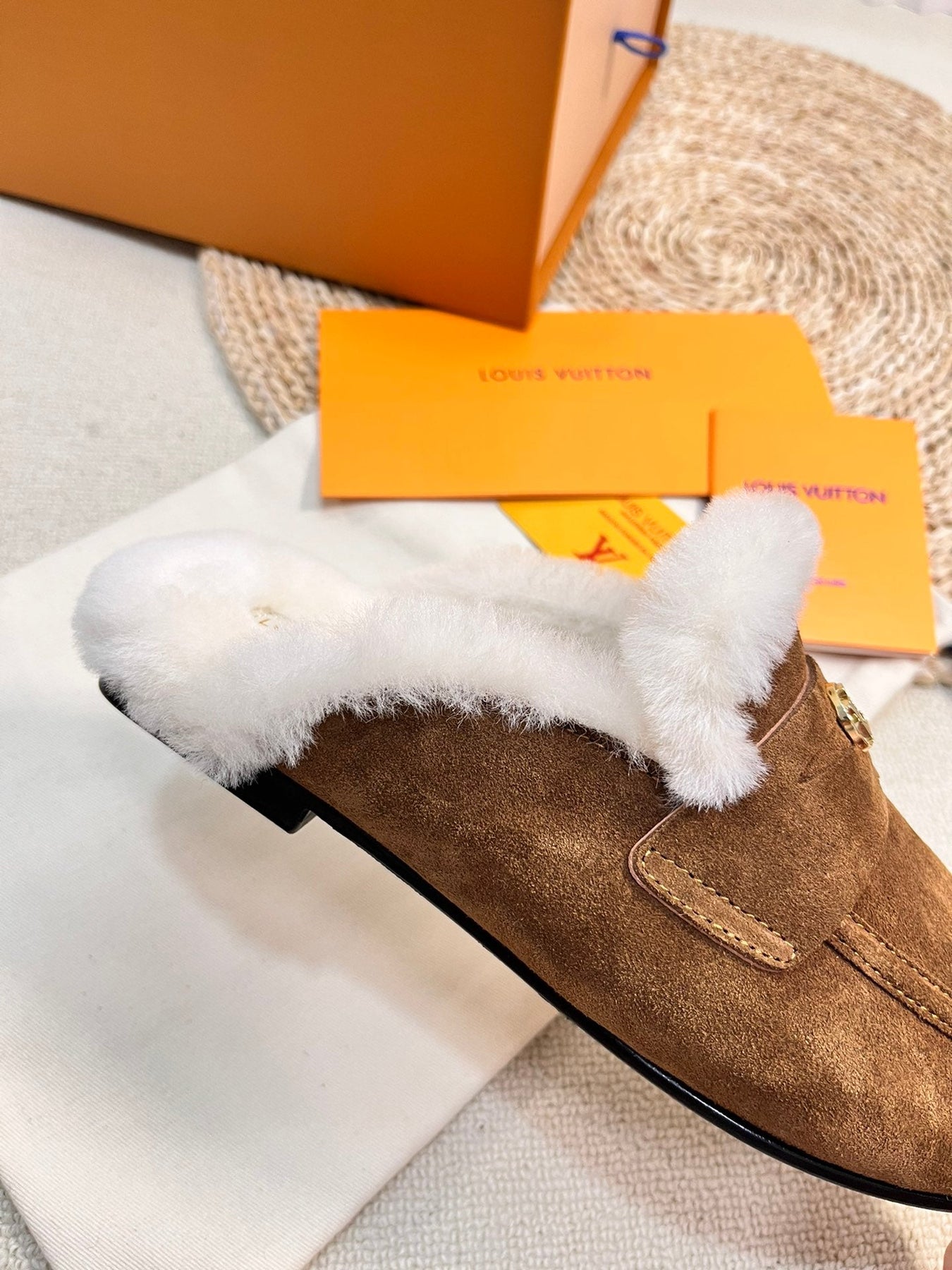 LV COSY FLAT COMFORT CLOG IN RUSSET BROWN SUEDE AND SHEARLING LINING