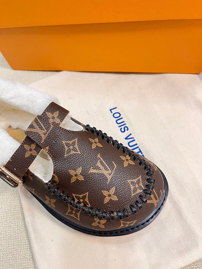 COLORADO COMFORT MARY JANE IN CHOCOLATE BROWN MONOGRAM CALFSKIN AND SHEARLING LINING