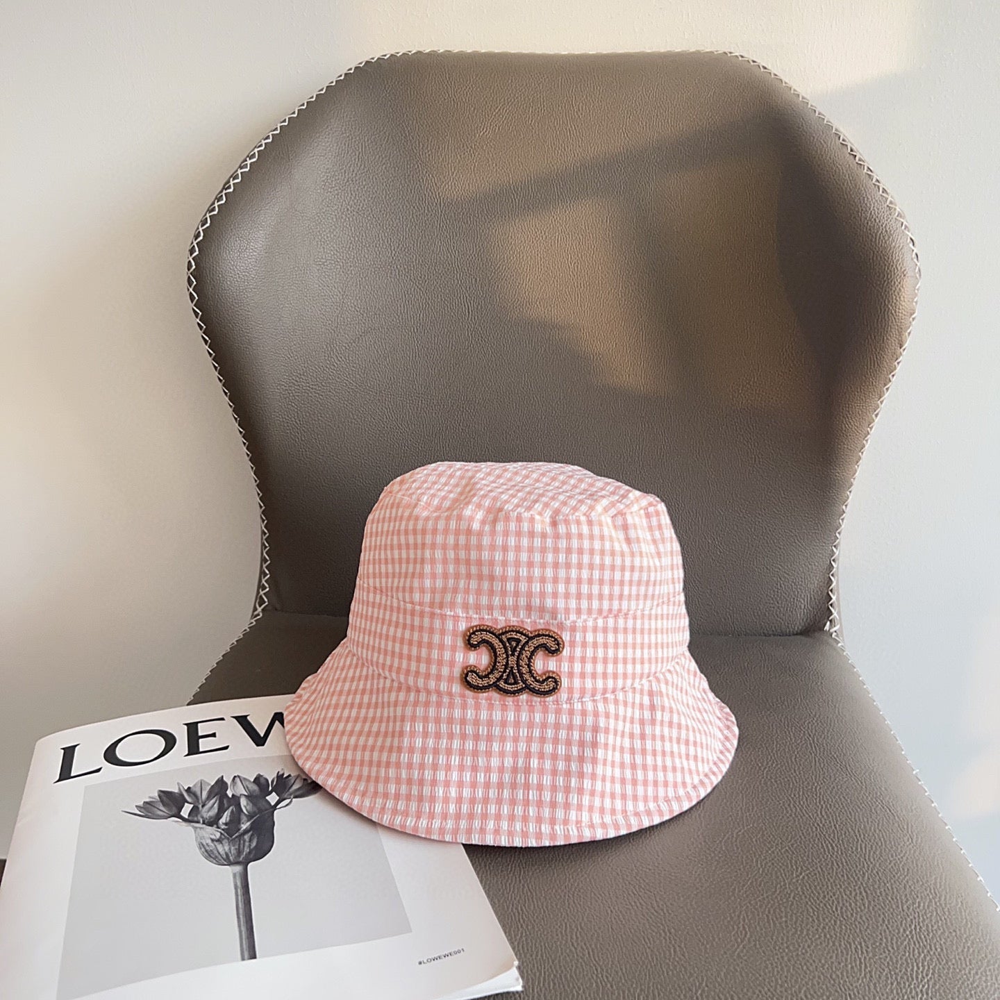 BUCKET HAT MODEL 652075 IN PINK & WHITE GINGHAM FABRIC