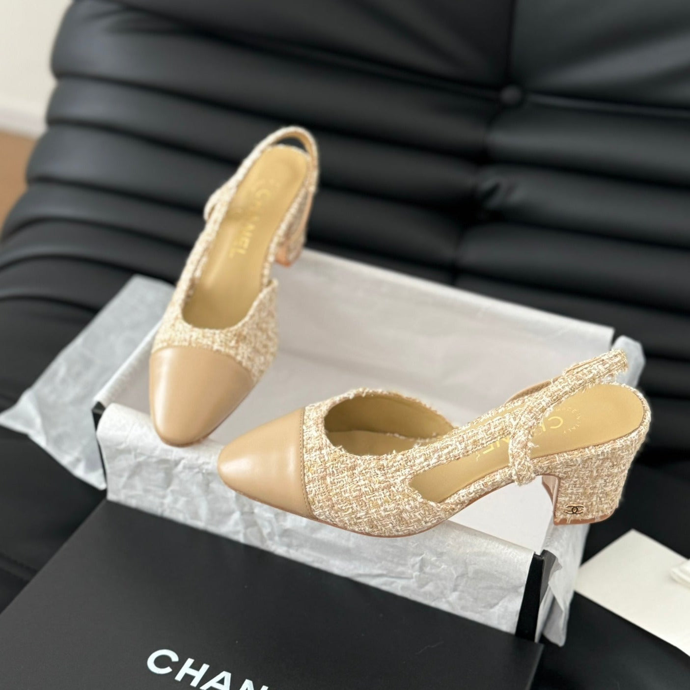 CLASSIC HIGH SLINGBACK CORN YELLOW TWEEDS AND CALFSKIN