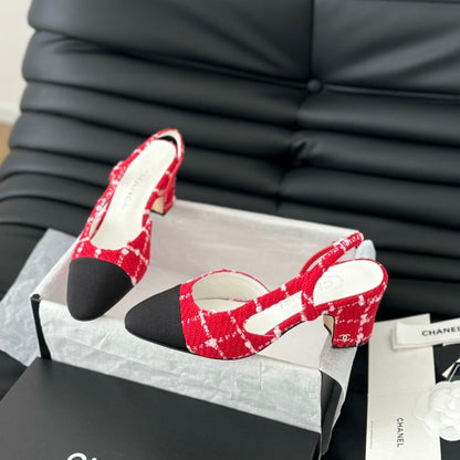 HIGH SLINGBACK IN CHERRY RED TWEED AND BLACK LAMBSKIN