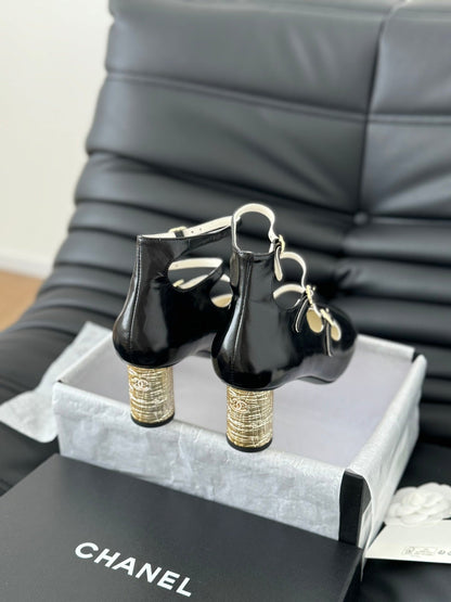 CC MARY JANE SHOES THREE STRAPS BLACK LAMBSKIN WITH GOLD HARDWARE