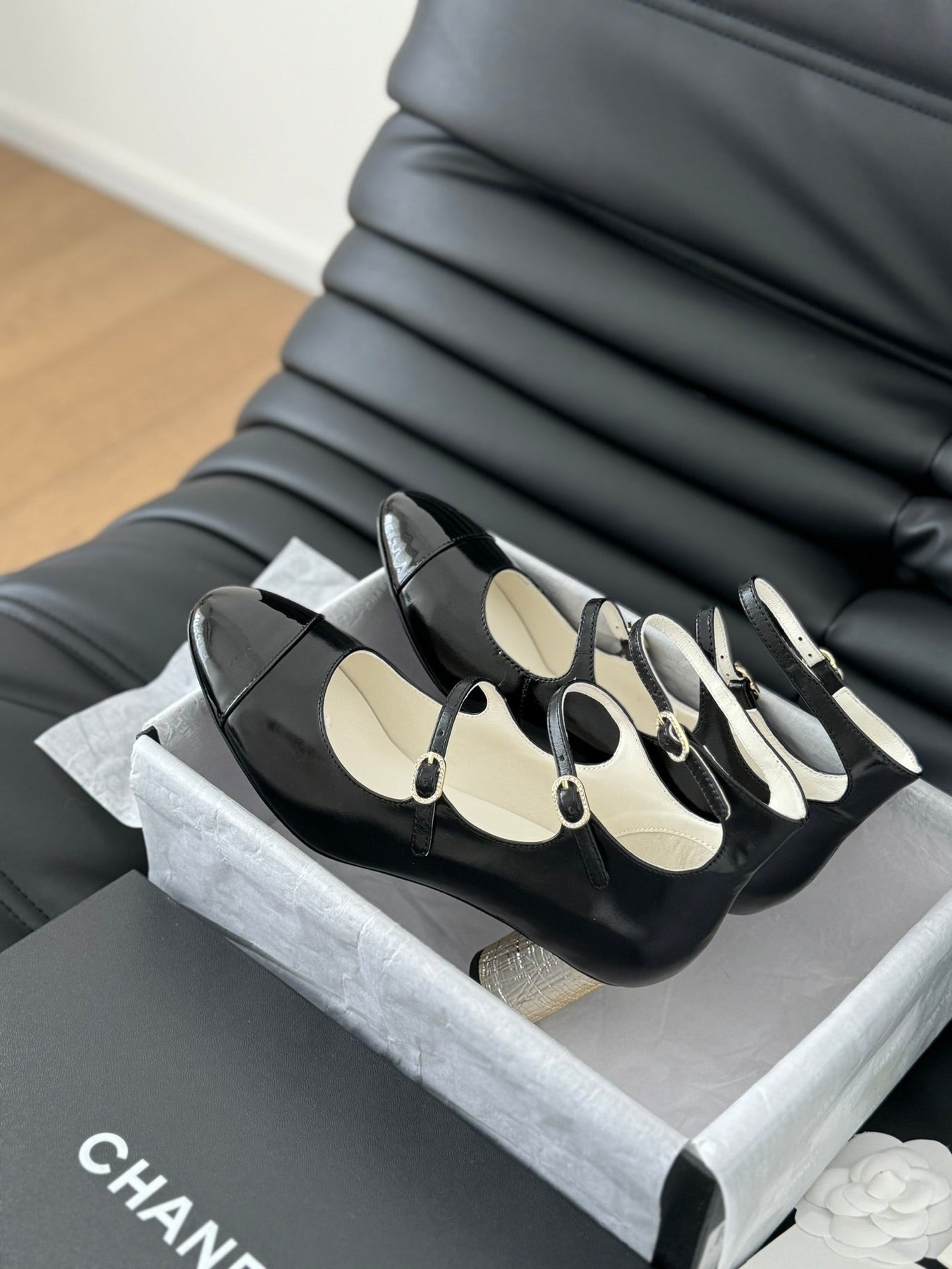 CC MARY JANE SHOES THREE STRAPS BLACK LAMBSKIN WITH GOLD HARDWARE