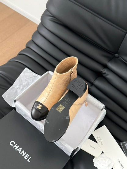 CC BALLET SHORT BOOTS 65 MM IN SEPIA BEIGE MIX BLACK QUILTED PATTERN LAMBSKIN