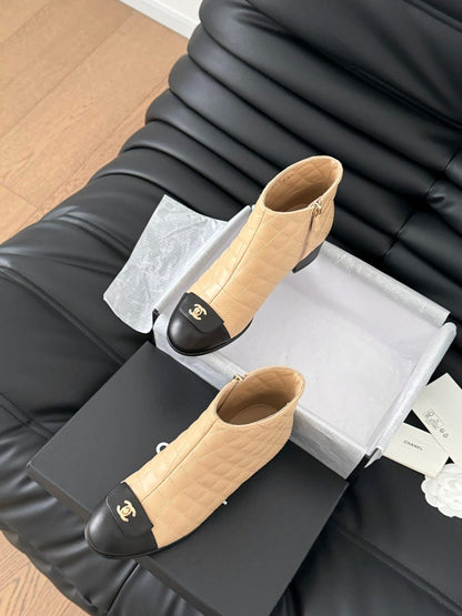 CC BALLET SHORT BOOTS 65 MM IN SEPIA BEIGE MIX BLACK QUILTED PATTERN LAMBSKIN