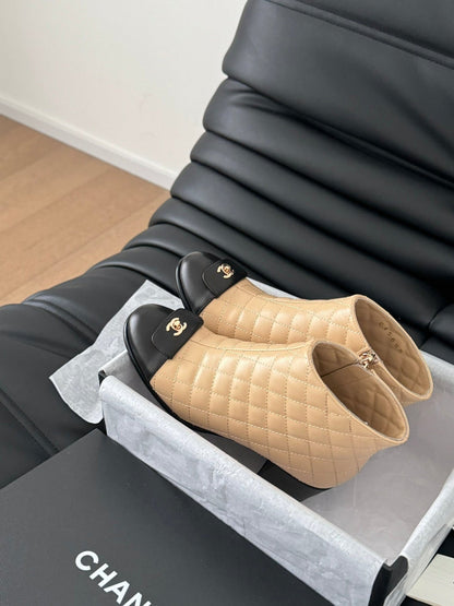 CC BALLET SHORT BOOTS 65 MM IN SEPIA BEIGE MIX BLACK QUILTED PATTERN LAMBSKIN