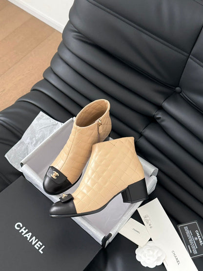 CC BALLET SHORT BOOTS 65 MM IN SEPIA BEIGE MIX BLACK QUILTED PATTERN LAMBSKIN