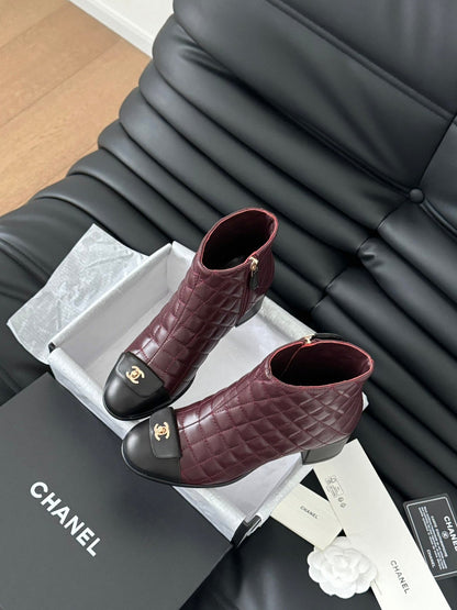 CC BALLET SHORT BOOTS 65 MM IN SANGRIA PURPLE MIX BLACK QUILTED PATTERN LAMBSKIN