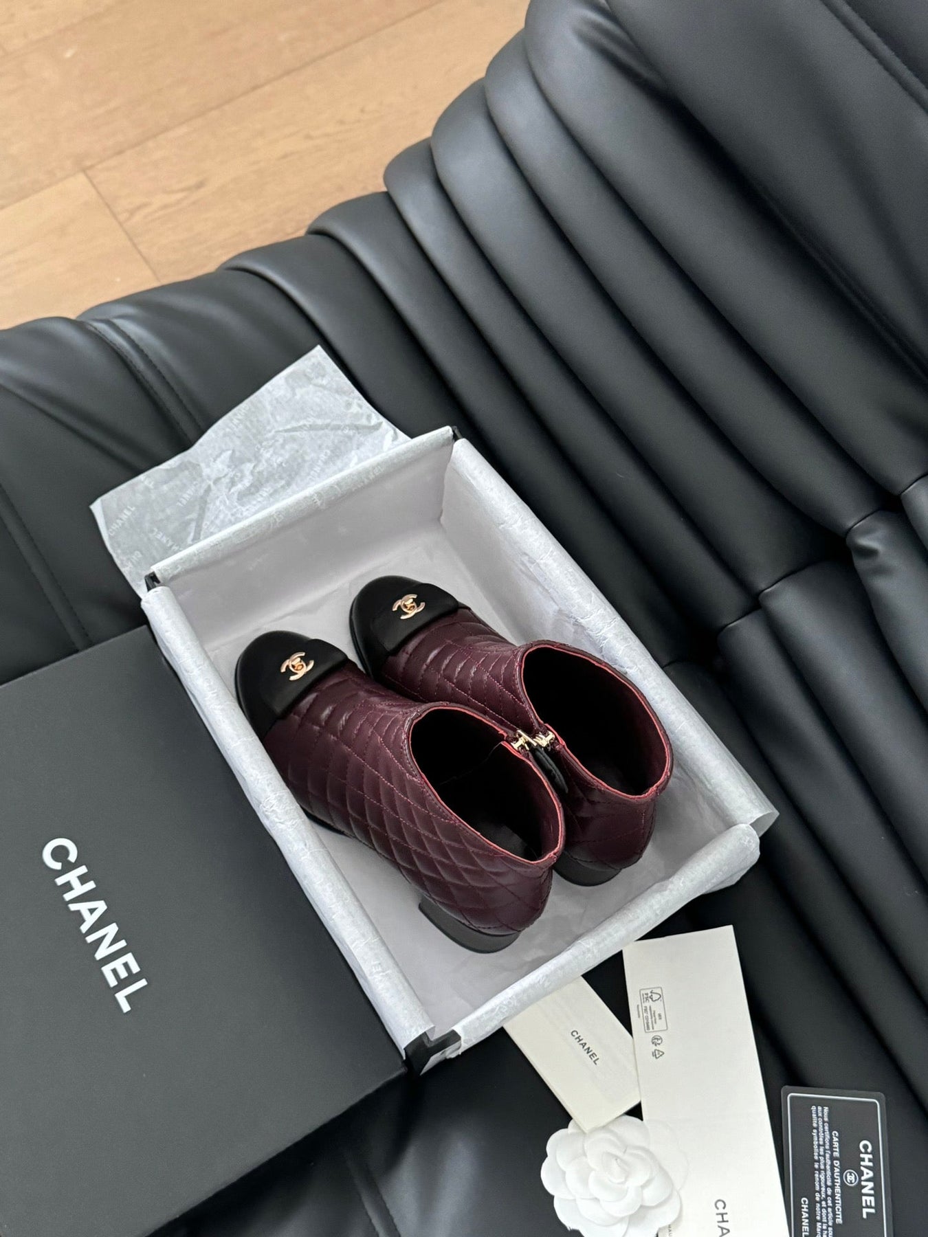 CC BALLET SHORT BOOTS 65 MM IN SANGRIA PURPLE MIX BLACK QUILTED PATTERN LAMBSKIN