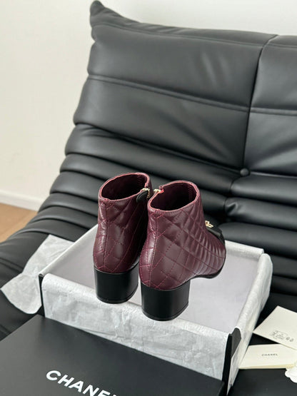 CC SHORT BOOTS 65 MM IN SANGRIA PURPLE MIX BLACK QUILTED PATTERN LAMBSKIN