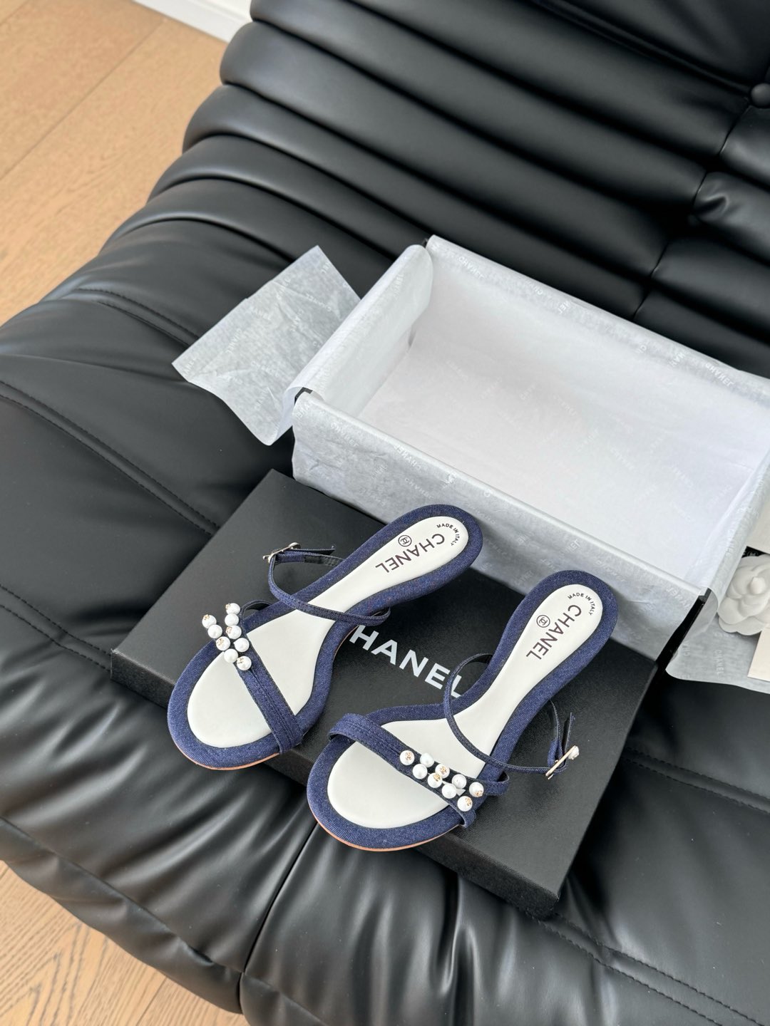 PEARL SANDAL IN BLUE DENIM AND WHITE LAMBSKIN 35 MM