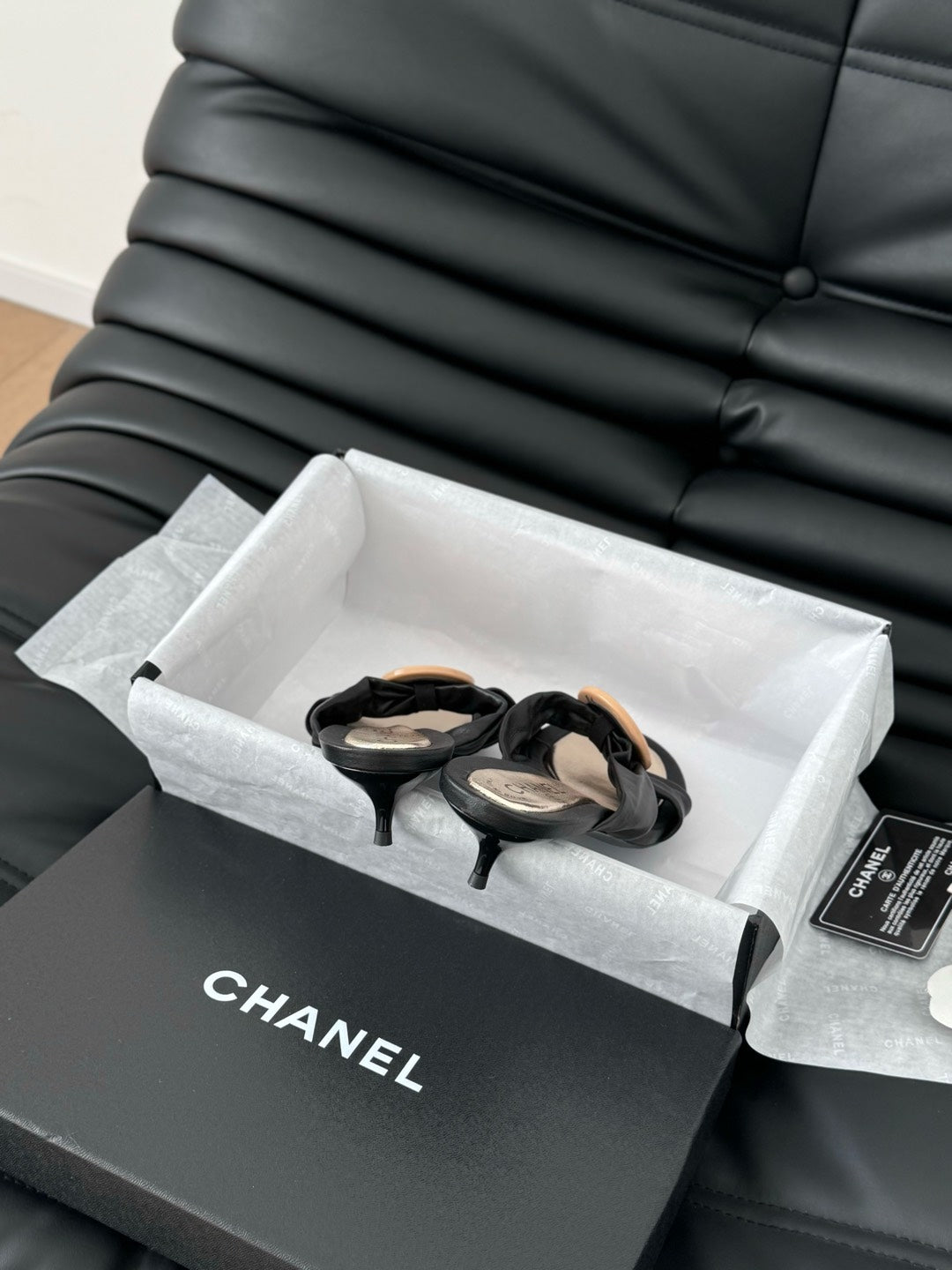 BLACK LAMBSKIN CC SLIDE SANDALS