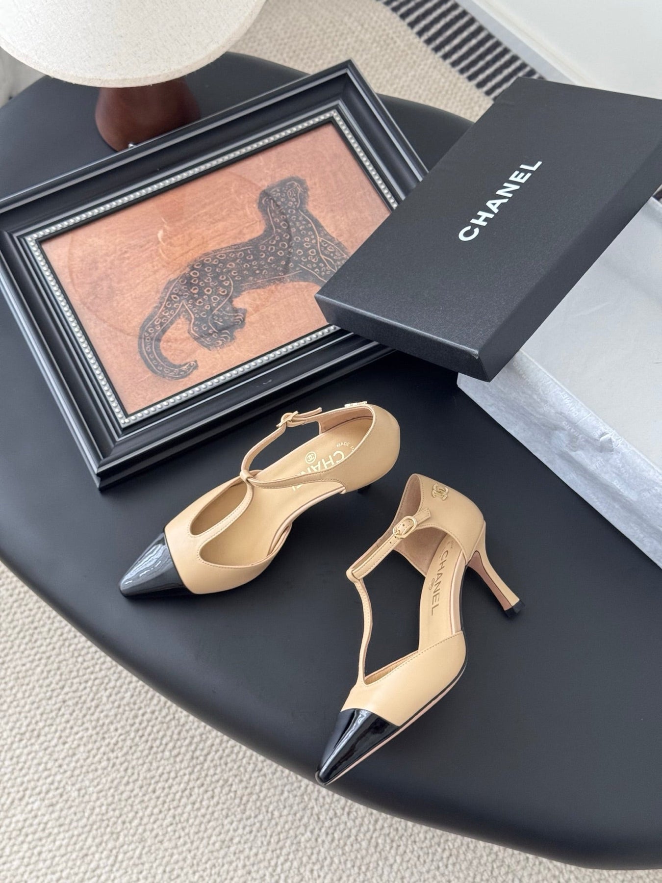 HIGH HEELS WAIST CUTTING IN BROWN BEIGE MIX BLACK CALFSKIN