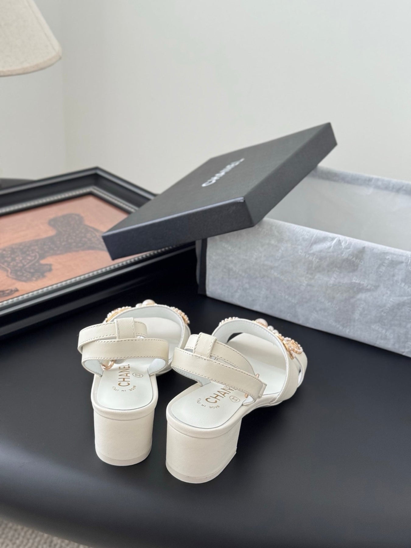 HIGH SANDALS IN WHITE TWEED WITH LOGO STICKER DETAIL