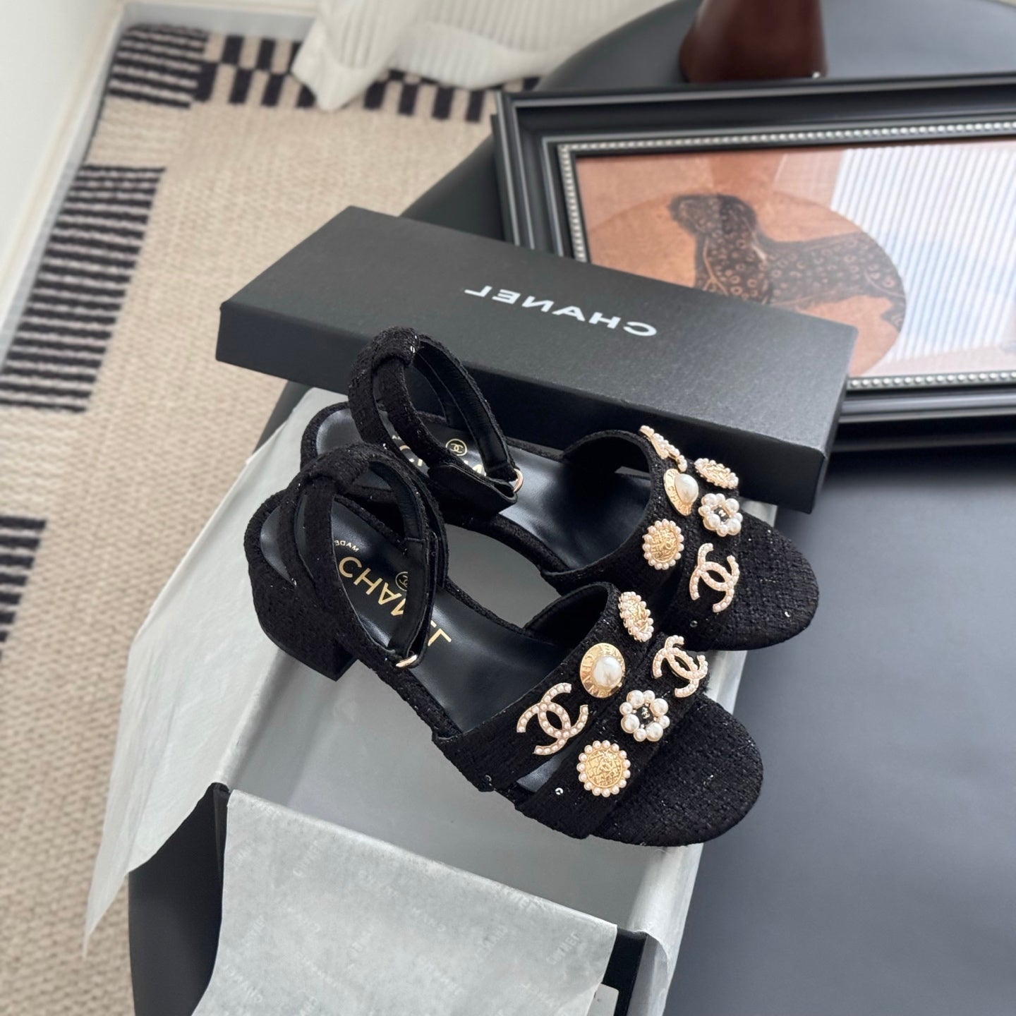 HIGH SANDALS IN BLACK TWEED WITH LOGO STICKER DETAIL