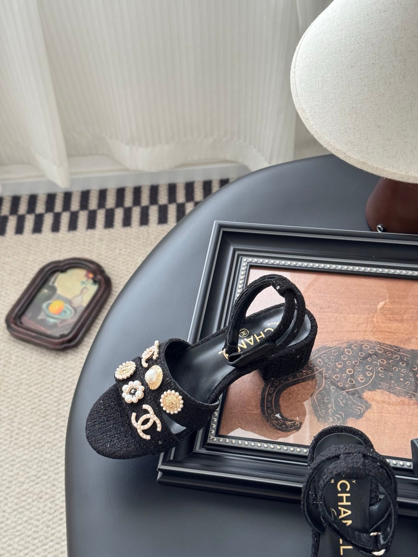 HIGH SANDALS IN BLACK TWEED WITH LOGO STICKER DETAIL