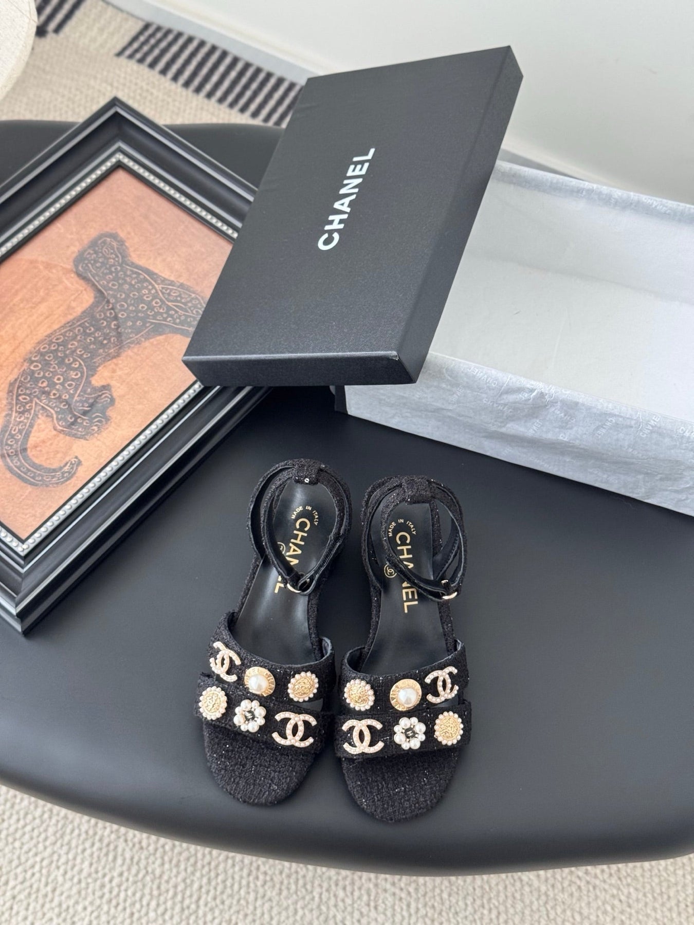 HIGH SANDALS IN BLACK TWEED WITH LOGO STICKER DETAIL