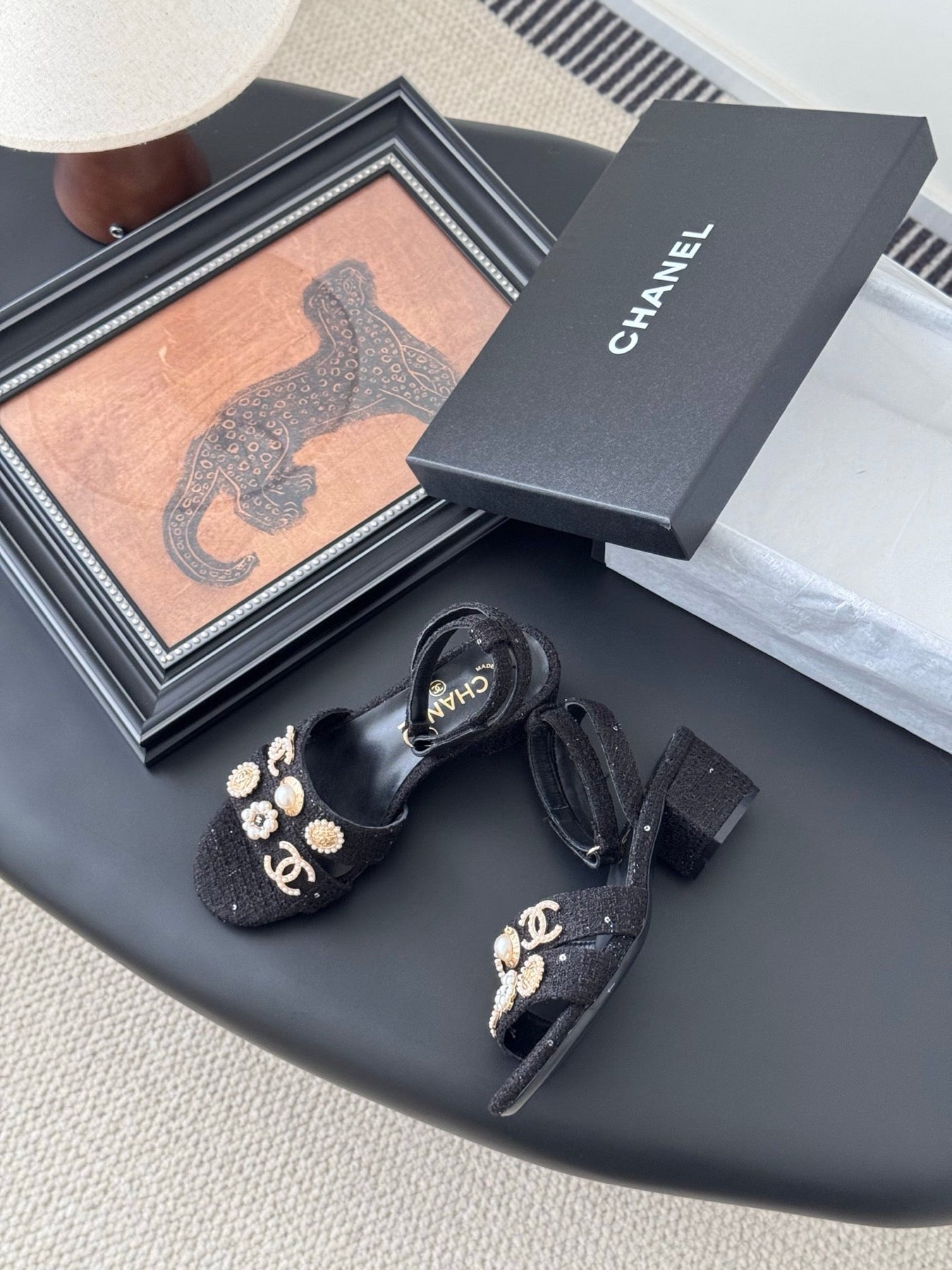 HIGH SANDALS IN BLACK TWEED WITH LOGO STICKER DETAIL