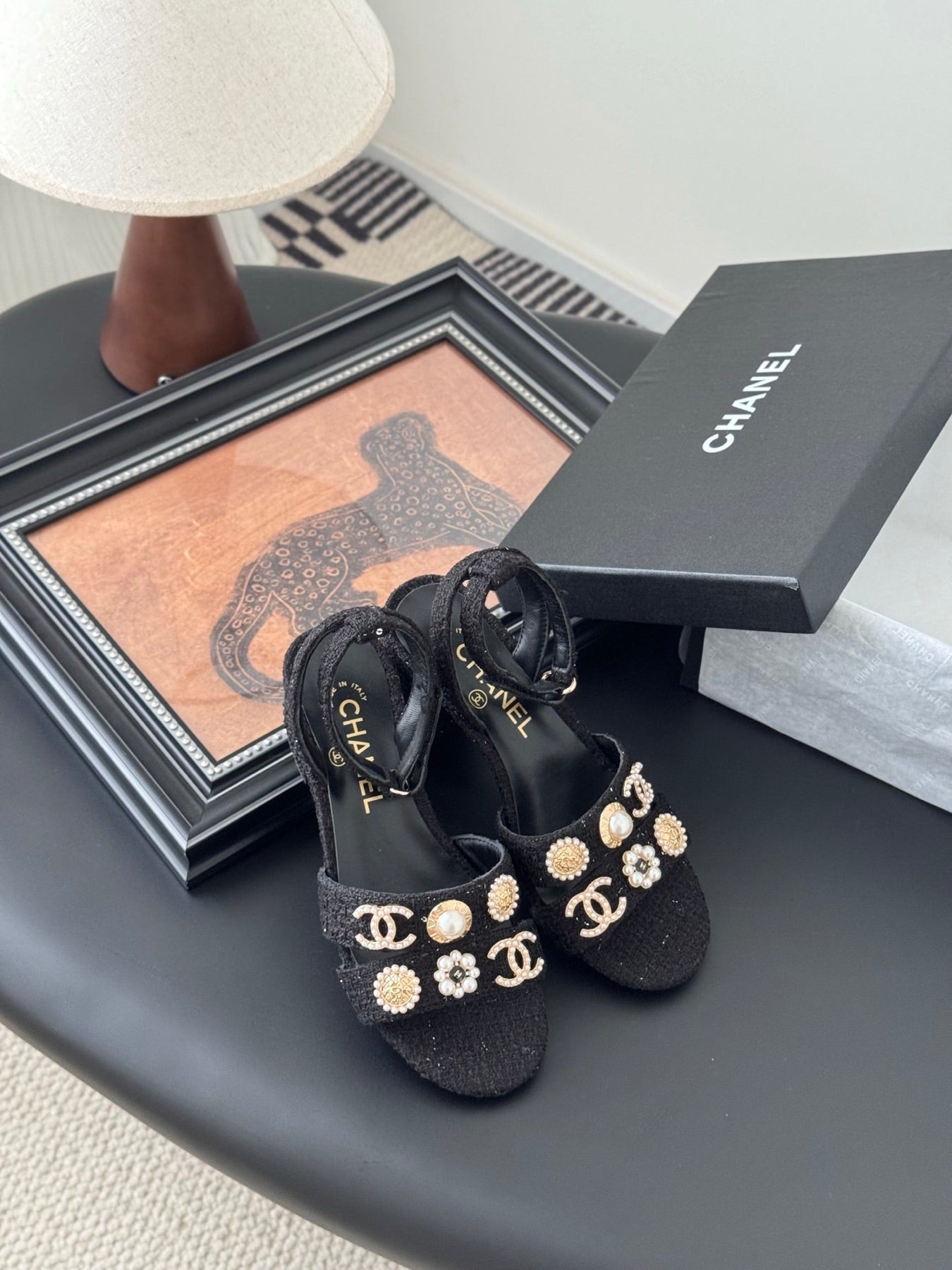 HIGH SANDALS IN BLACK TWEED WITH LOGO STICKER DETAIL