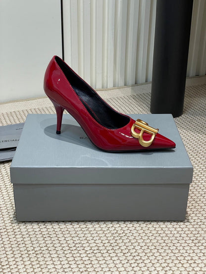 POINTED BB GOLD BUCKLE HIGH PUMPS 80MM IN RED PATENT CALFSKIN