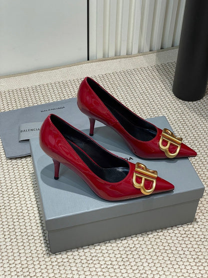POINTED BB GOLD BUCKLE HIGH PUMPS 80MM IN RED PATENT CALFSKIN