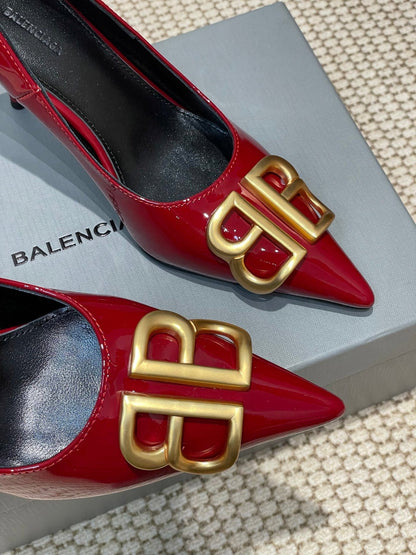 POINTED BB GOLD BUCKLE HIGH PUMPS 80MM IN RED PATENT CALFSKIN