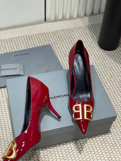 POINTED BB GOLD BUCKLE HIGH PUMPS 80MM IN RED PATENT CALFSKIN