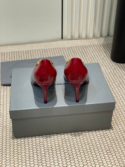 POINTED BB GOLD BUCKLE HIGH PUMPS 80MM IN RED PATENT CALFSKIN