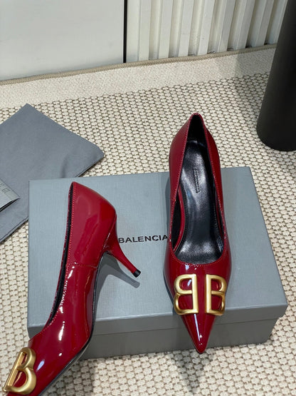 POINTED BB GOLD BUCKLE HIGH PUMPS 60MM IN RED PATENT CALFSKIN