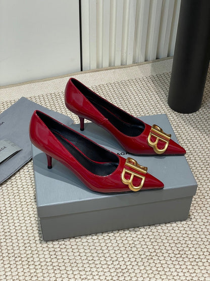 POINTED BB GOLD BUCKLE HIGH PUMPS 60MM IN RED PATENT CALFSKIN
