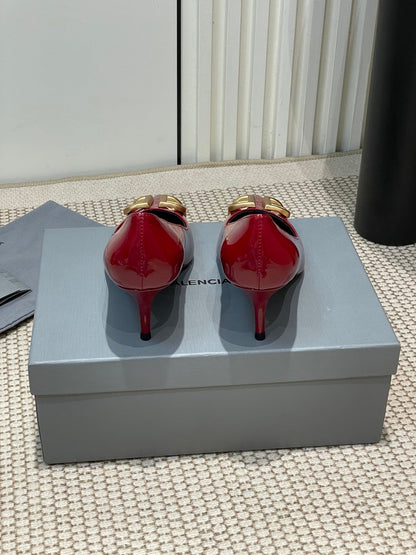 POINTED BB GOLD BUCKLE HIGH PUMPS 60MM IN RED PATENT CALFSKIN