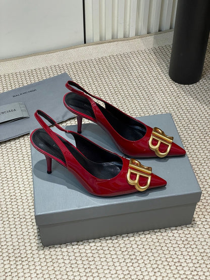 POINTED BB GOLD BUCKLE HIGH SLINGBACK 80MM IN RED PATENT CALFSKIN