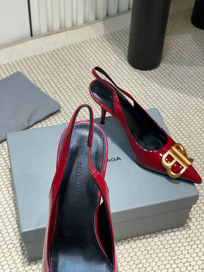 POINTED BB GOLD BUCKLE HIGH SLINGBACK 80MM IN RED PATENT CALFSKIN