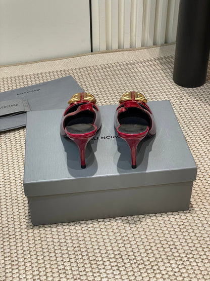 POINTED BB GOLD BUCKLE HIGH SLINGBACK 80MM IN RED PATENT CALFSKIN