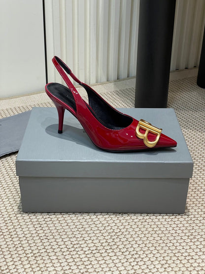POINTED BB GOLD BUCKLE HIGH SLINGBACK 80MM IN RED PATENT CALFSKIN