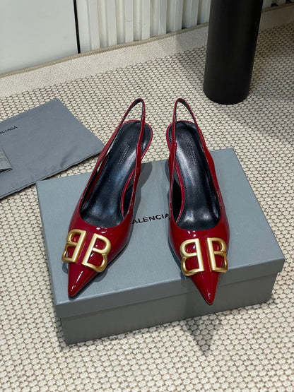 POINTED BB GOLD BUCKLE HIGH SLINGBACK 60MM IN RED PATENT CALFSKIN