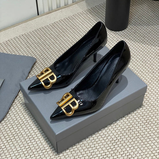 POINTED BB GOLD BUCKLE HIGH PUMPS 80MM IN BLACK PATENT CALFSKIN
