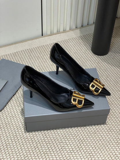 POINTED BB GOLD BUCKLE HIGH PUMPS 80MM IN BLACK PATENT CALFSKIN