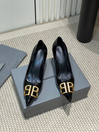 POINTED BB GOLD BUCKLE HIGH PUMPS 80MM IN BLACK PATENT CALFSKIN