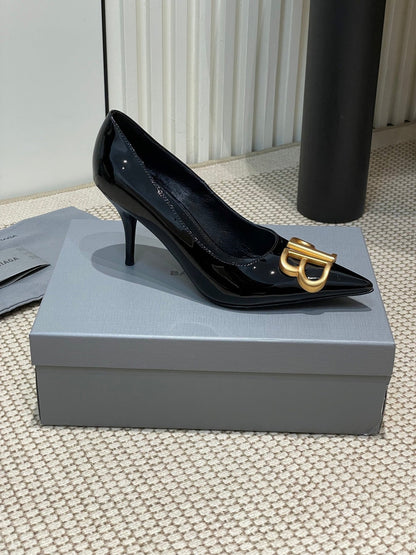 POINTED BB GOLD BUCKLE HIGH PUMPS 80MM IN BLACK PATENT CALFSKIN