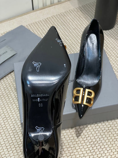 POINTED BB GOLD BUCKLE HIGH PUMPS 80MM IN BLACK PATENT CALFSKIN